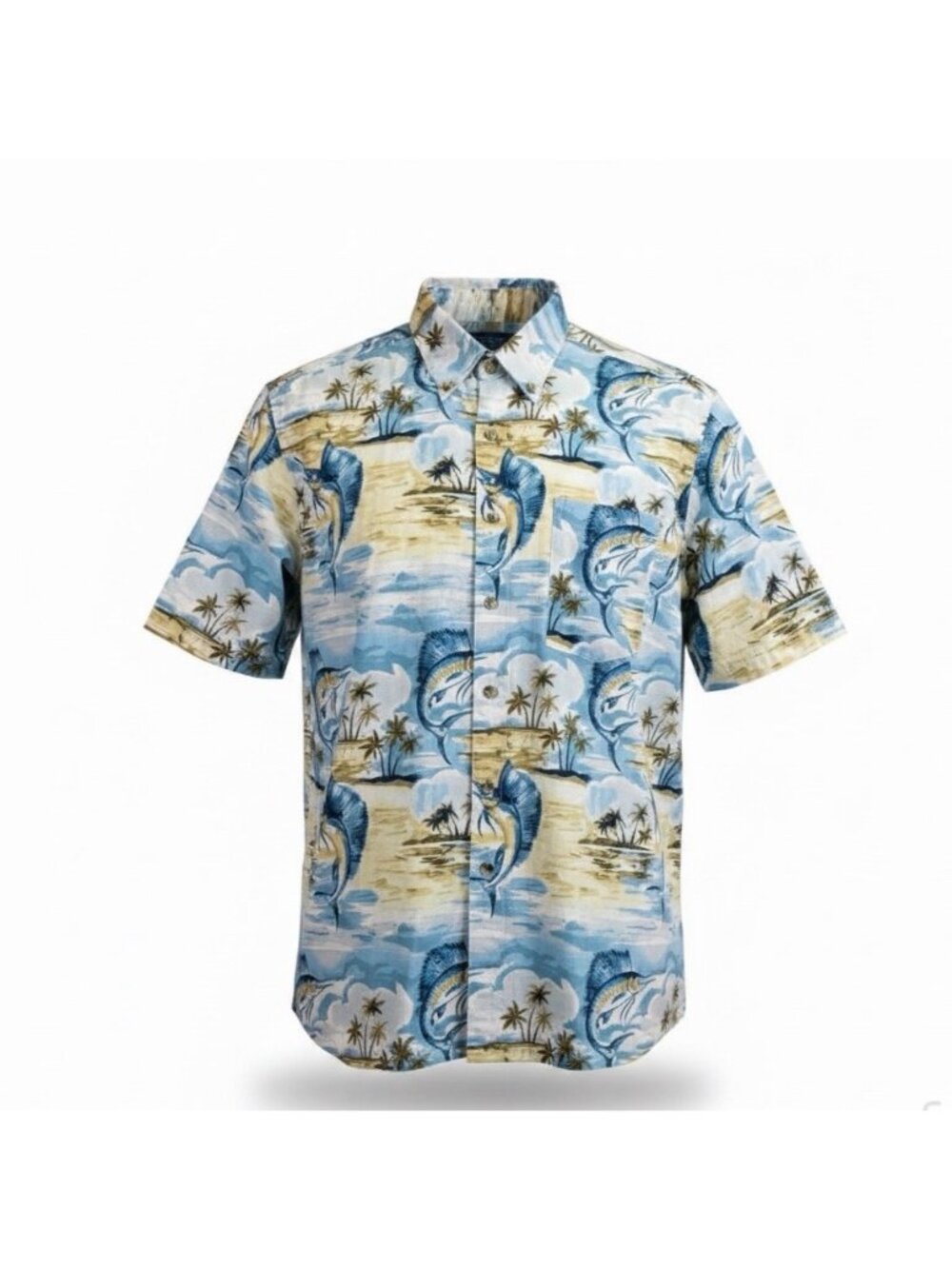 Fishing Life Mens Blue Hawaiian Fishing Shirt Short-Sleeve Casual Sz L